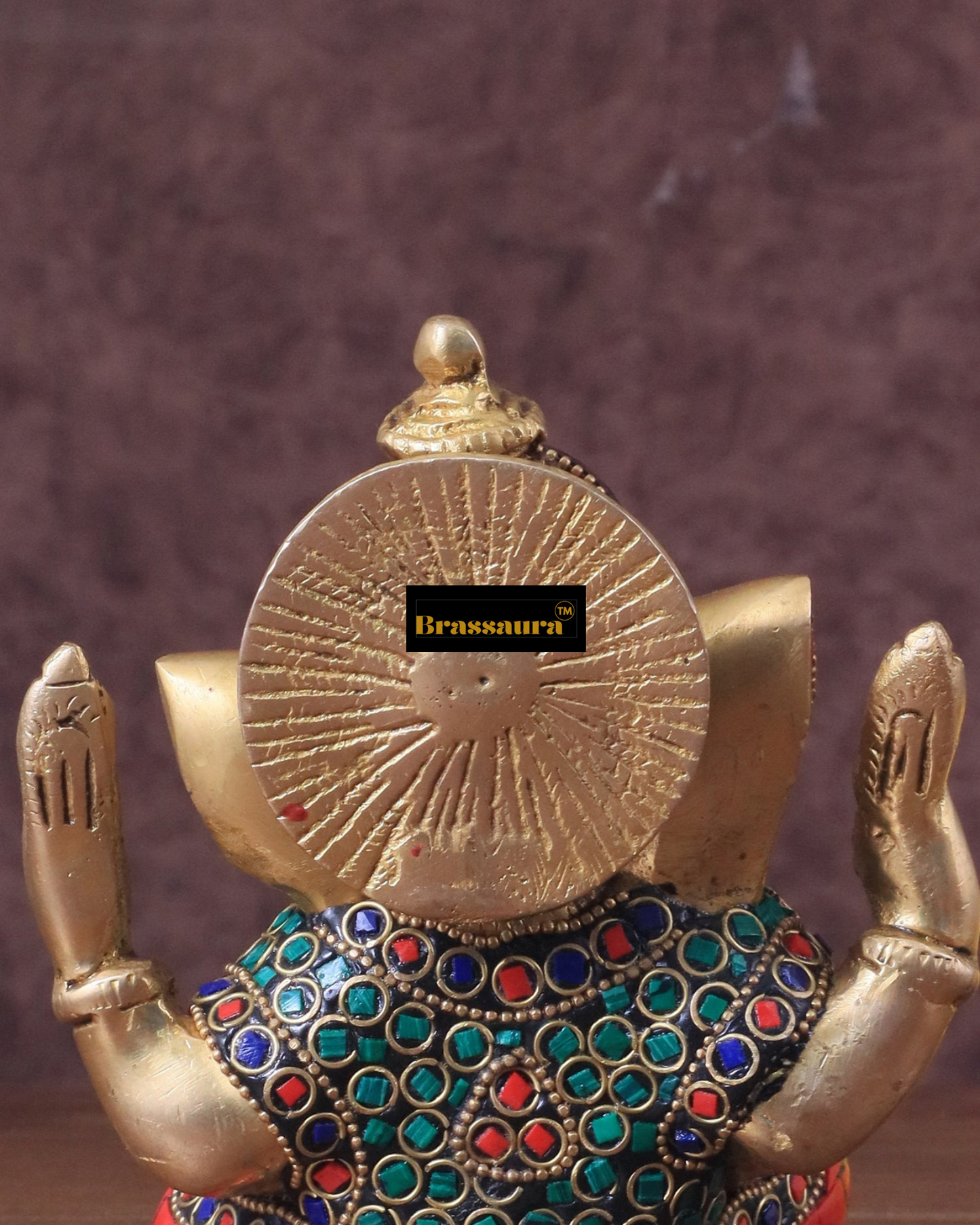 Brassaura™ Pure Brass Meenakari Lord Ganesha Idol – 6" Height, 1.8 kg – Handcrafted with Natural Colour Stones