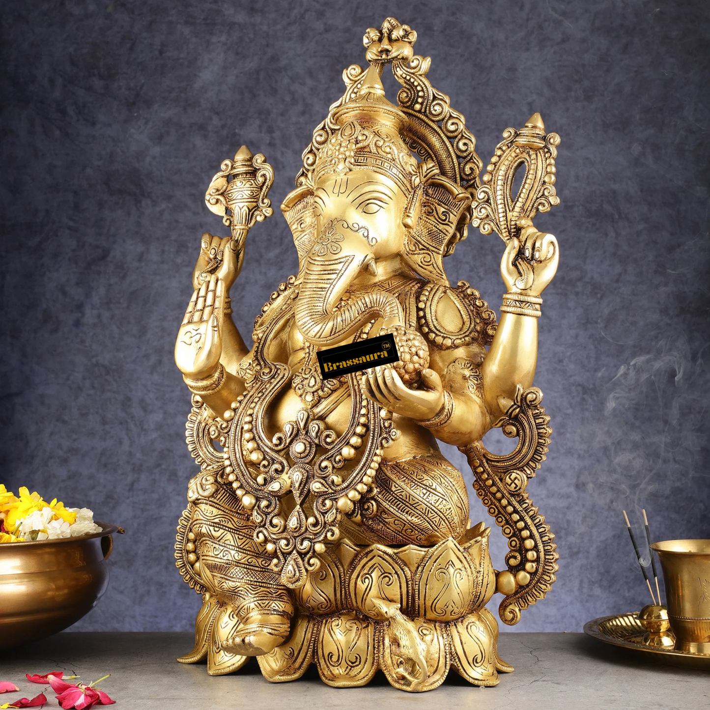 Brassaura™ Handcrafted Brass Ganesha on Lotus Pedestal – Height 21 Inches, Weight 22 Kgs