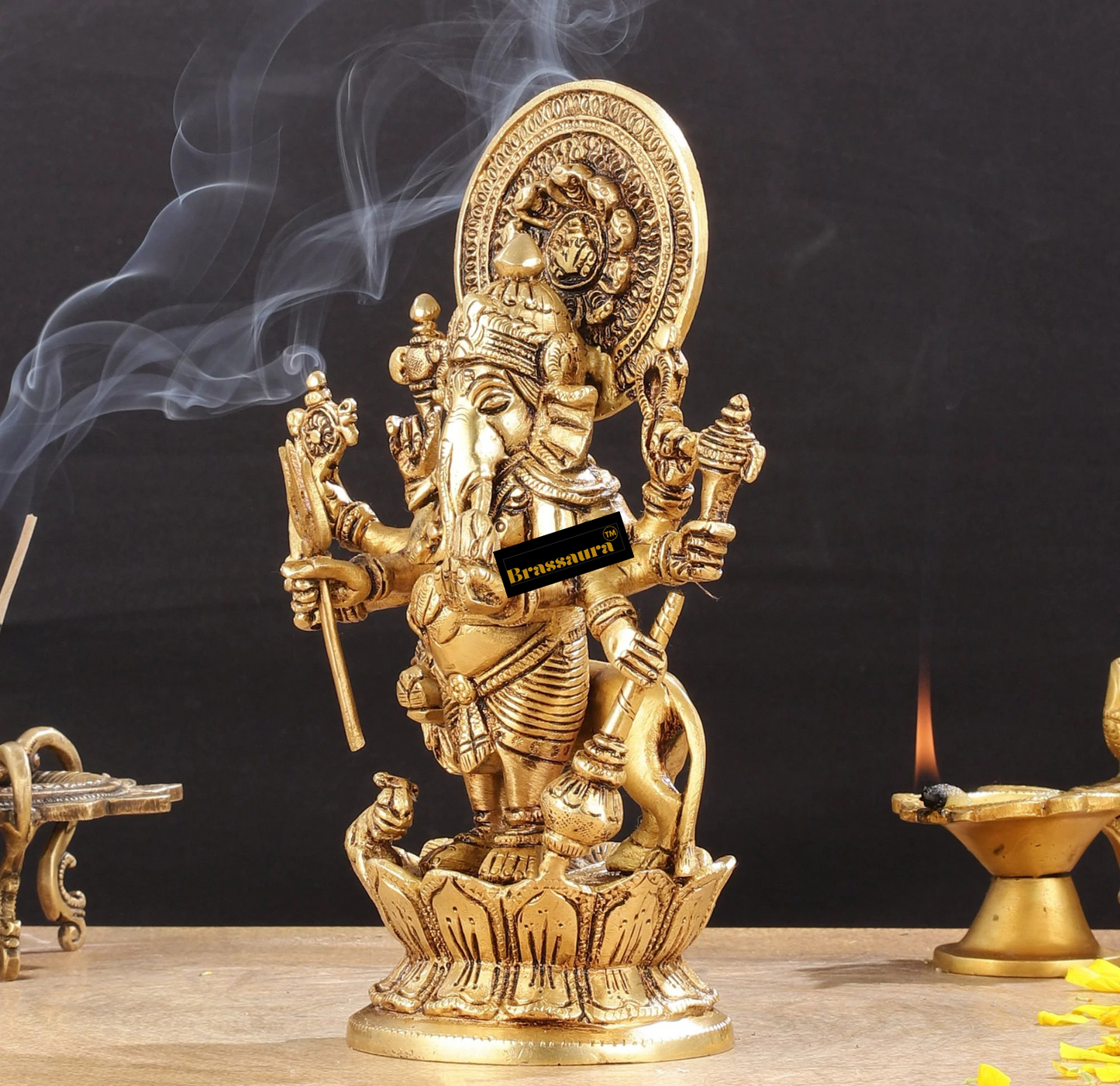 Brassaura™ Brass Kanadrishti Ganesha Idol with Lion – Height 8 Inches, Weight 2.6 Kgs