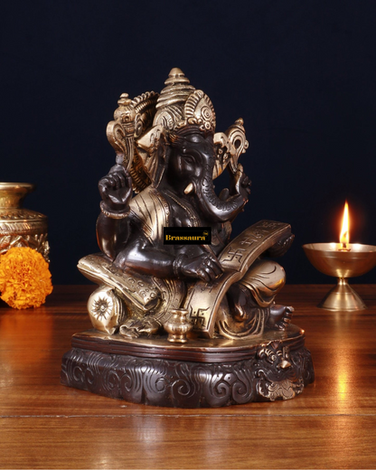 Brassaura™ Brass Lord Ganesha Writing Statue – 7.5" Height, 2.8 kg – Black Tone Finish | Symbol of Wisdom & Learning