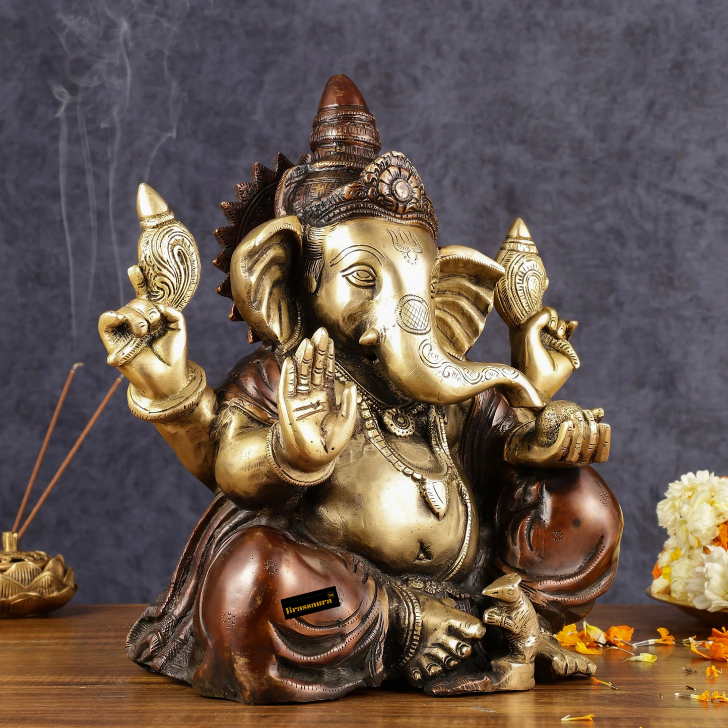Brassaura™ Ganapati Aashirwad Idol in Chola Copper Gold Finish – Height 13 Inches, Weight 12 Kgs