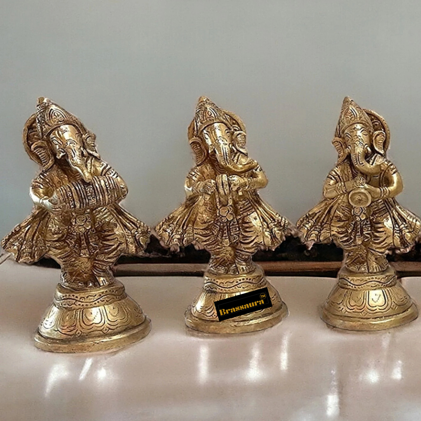Brassaura™ Pure Brass Musician Ganesha Set of 6 – Height 6 Inches Each, Total Weight 4.5 Kgs