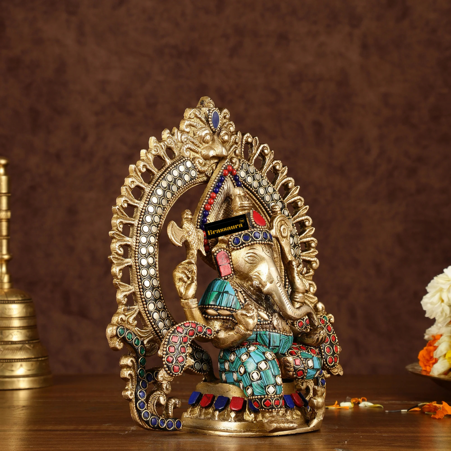 Brassaura™ Handcrafted Brass Ganesha Idol – Meenakari Stonework | Height 9.5 Inches, Weight 3 Kgs