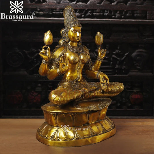 Brassaura™ Handcrafted Brass Laxmi Idol – Height 34 Inches & Weight 44.88 Kgs | Devotional Statue