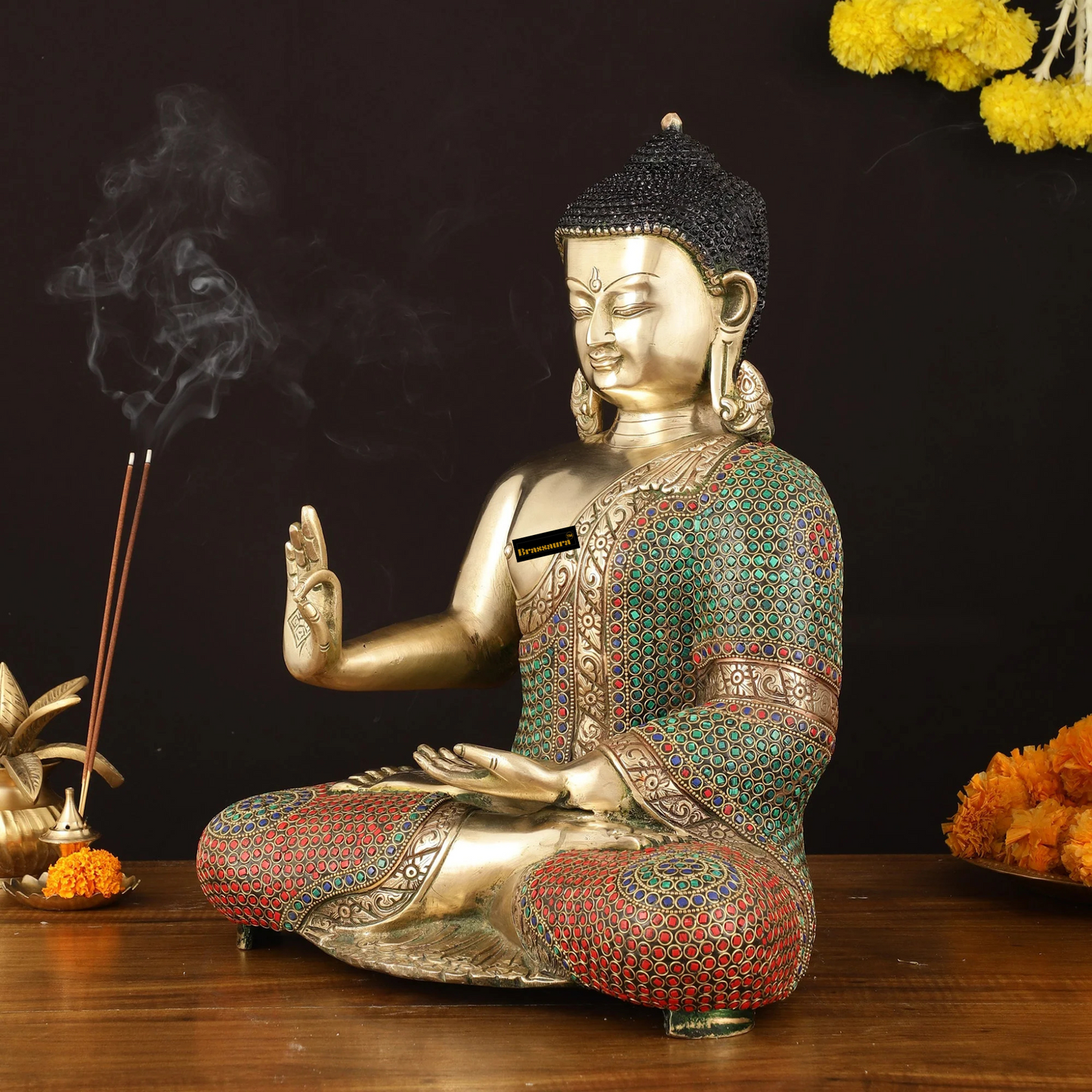 Brassaura™ Pure Brass Handcrafted Lord Buddha Statue in Blessing Mudra – Height 16.5 Inches, Weight 12.12 Kgs