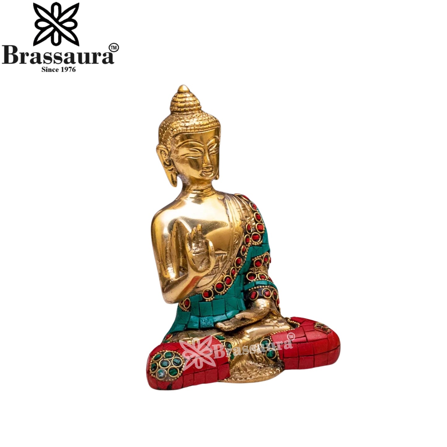Brass Blessing Gem Stone Work Buddha Weight 1.1 kg & Height 6 Inch