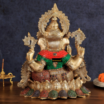 Brassaura™ Fine Quality Brass Jewellery Ganesha – 16" Height, 16 kg – Adorned with Natural Stones & Rings