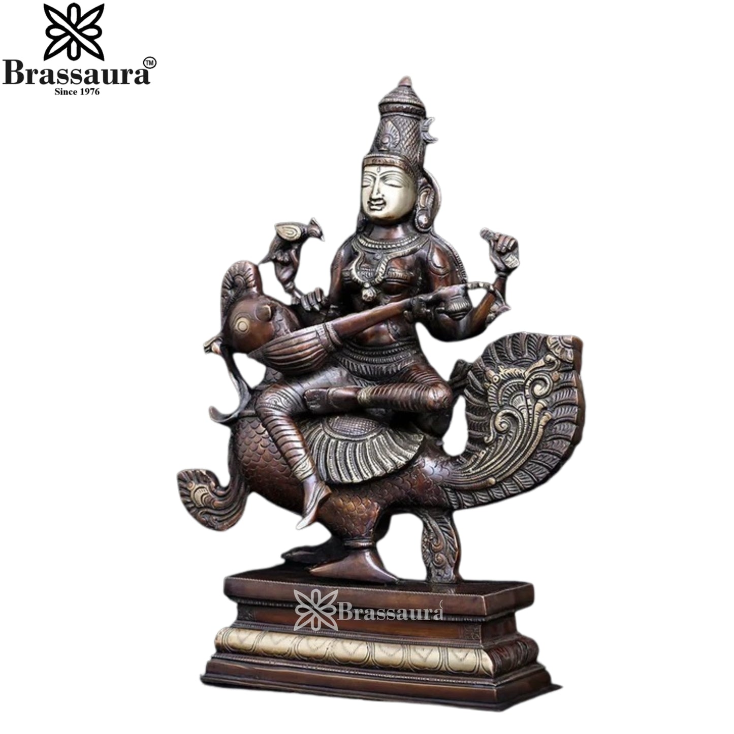 Brassaura™ Artistic Brass Saraswati Idol – Height 19 Inches & Weight 14.2 Kgs | Puja & Temple Décor