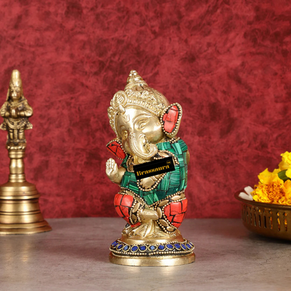 Brassaura™ Baby Ganesha Aashirwad Brass Idol – Height 5 Inches, Weight 1 Kg | Office & Home Décor
