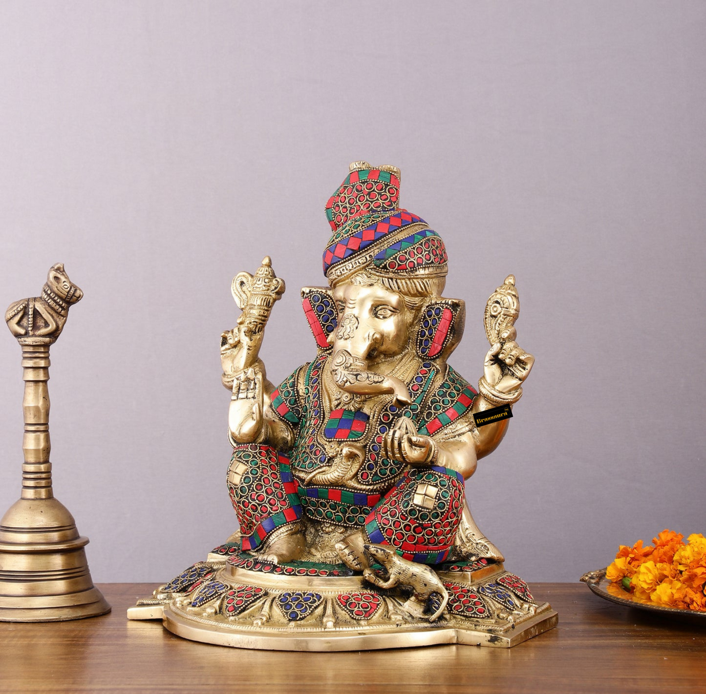 Brassaura™ Brass Superfine Handcrafted Lord Ganesha Idol with Pagadi – 11" Height, 7.5 kg – Meenakari Stonework