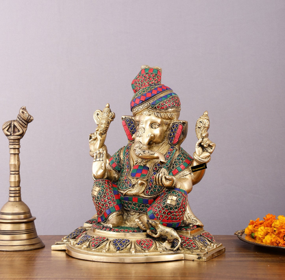 Brassaura™ Brass Superfine Handcrafted Lord Ganesha Idol with Pagadi – 11" Height, 7.5 kg – Meenakari Stonework