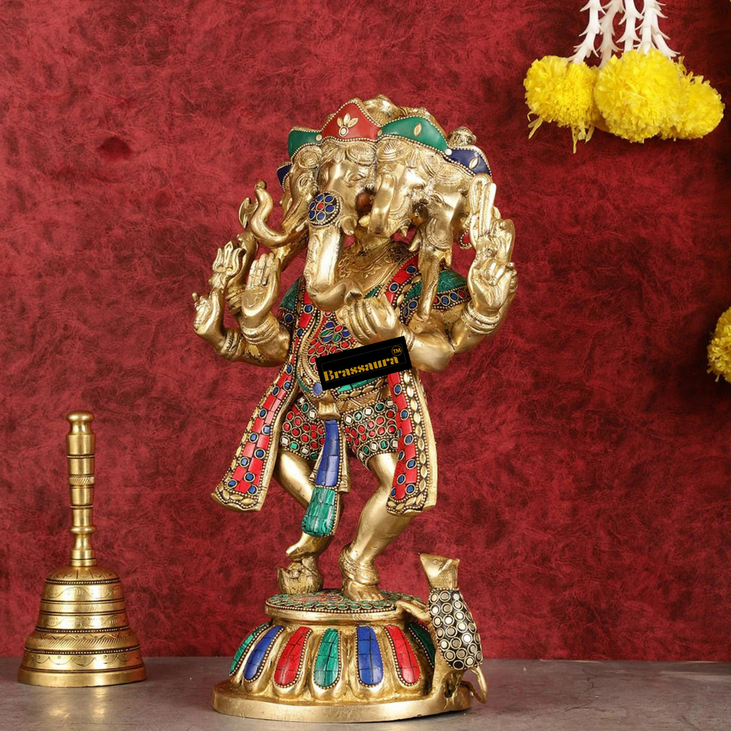 Brassaura™ Brass Panchmukhi Dancing Ganesha Statue – Black & White Sand Finish | Height 15 Inches, Weight 8 Kgs
