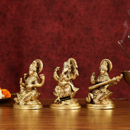 Brassaura™ Brass Trio – Ganesha, Lakshmi & Saraswati Idols | Height 5 Inches, Weight 3 Kgs | Auspicious Set