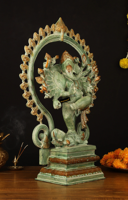 Brassaura™ Pure Brass Dancing Ganesha Statue – 25.5 Inch Height | 24 kg | 16 Arms & Fire Ring | Antique Green Patina Sandstone Finish