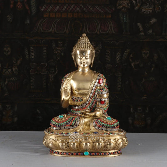 Brass Blessing Gem Stone Work Buddha Weight 10.8 kg & Height 17.5 Inch