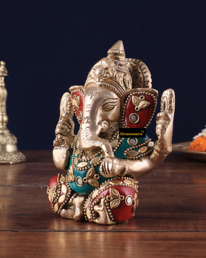Brassaura™ Small Pure Brass Lord Ganesha Idol – 5 Inch Height | 0.8 kg | Intricate Stonework | Spiritual Home & Office Décor