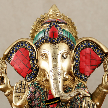 Brassaura™ Brass Lord Ganesha Statue with Meenakari & Big Ears – 10" Height, 5.15 kg – Auspicious & Intricate