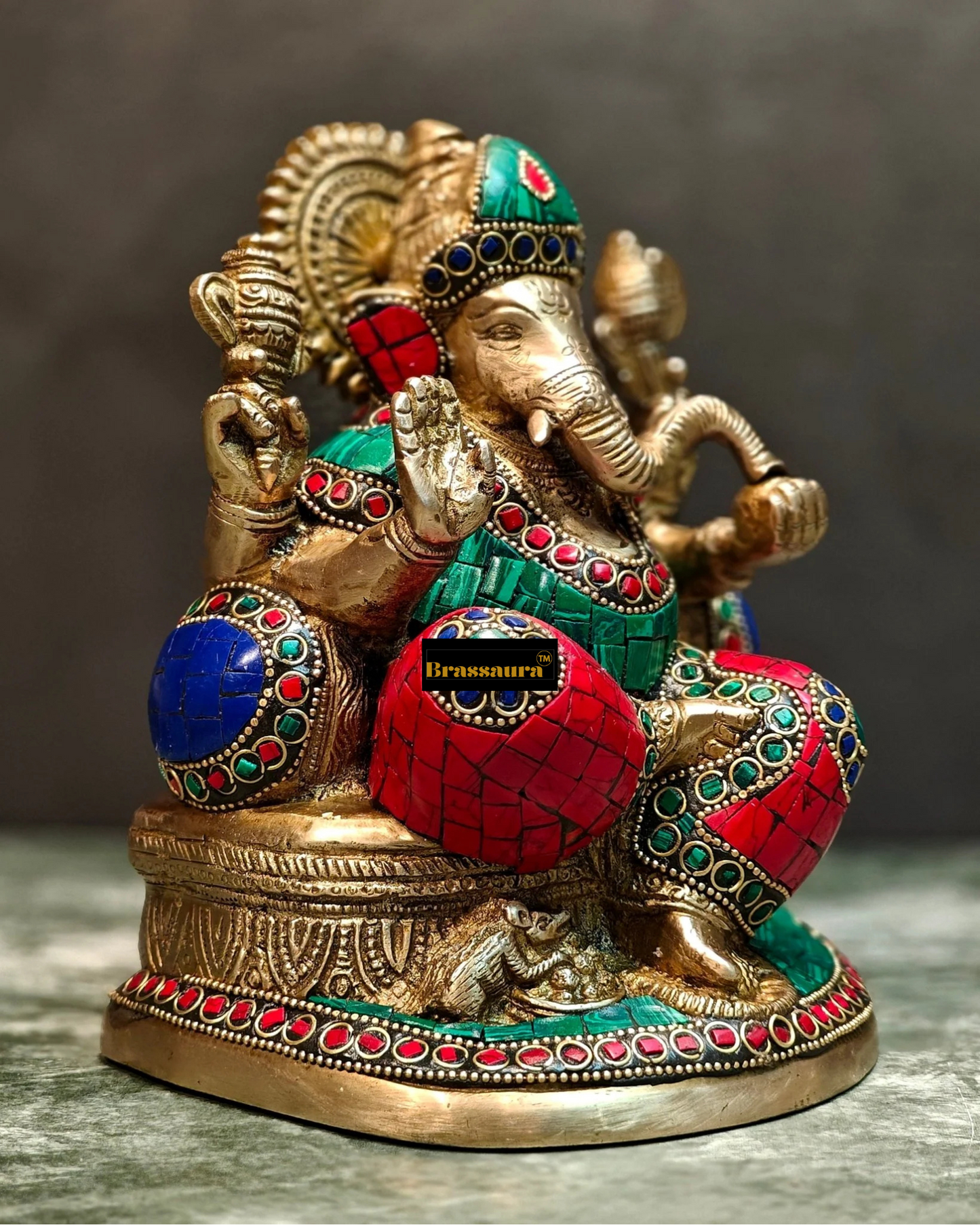 Brassaura™ Pure Brass Lord Ganesha Statue with Meenakari – Height 8 Inches & Weight 3.5 Kgs