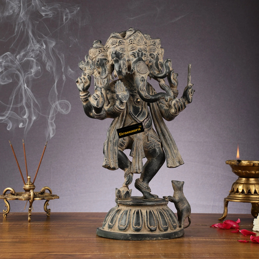 Brassaura® Brass Panchmukhi Dancing Ganesha Statue – Black White Sand Finish | Height 15 Inches