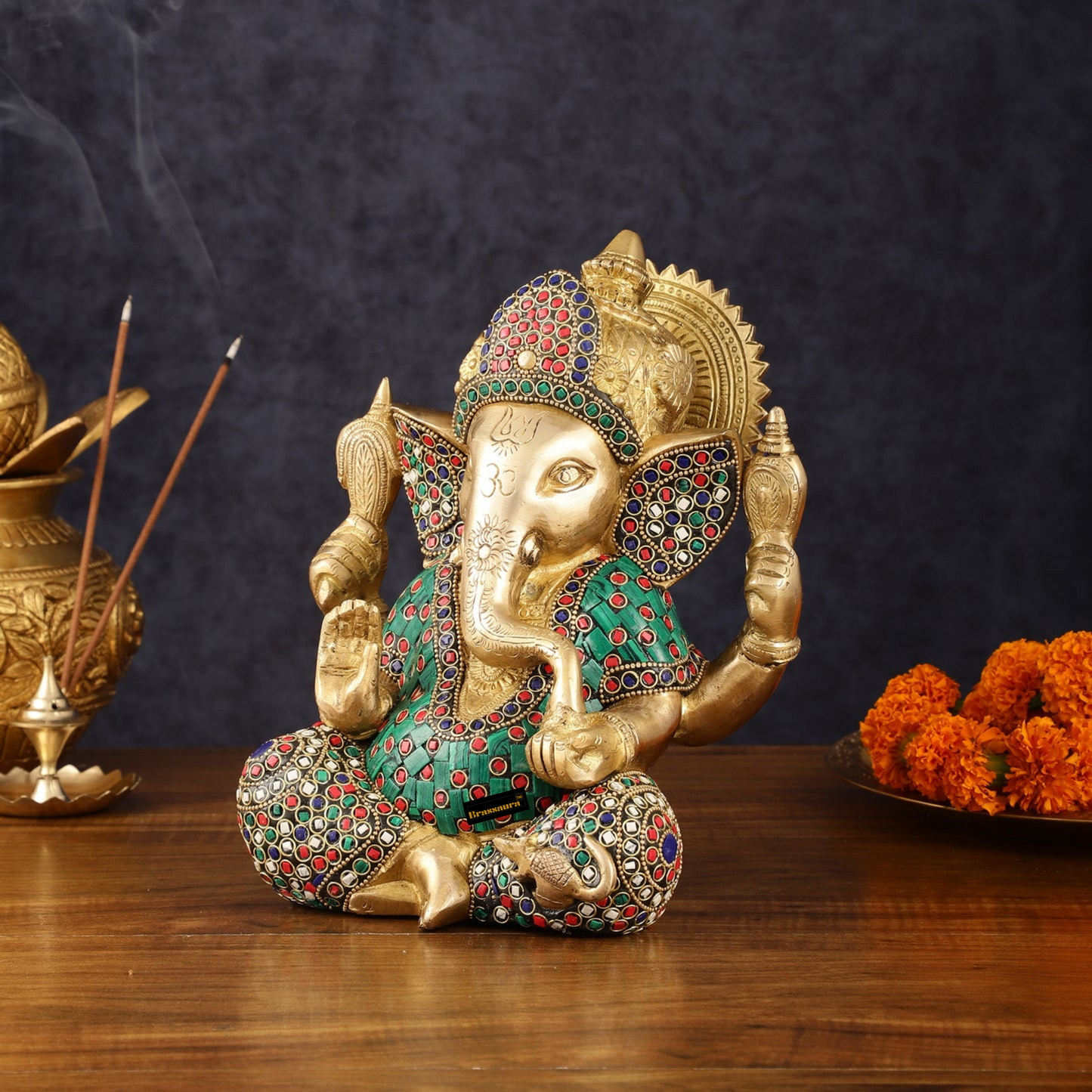 Brassaura™ Meenakari Brass Ganesha Idol – 8 Inch Height | 4.7 kg | Handcrafted with Natural Stone Inlay