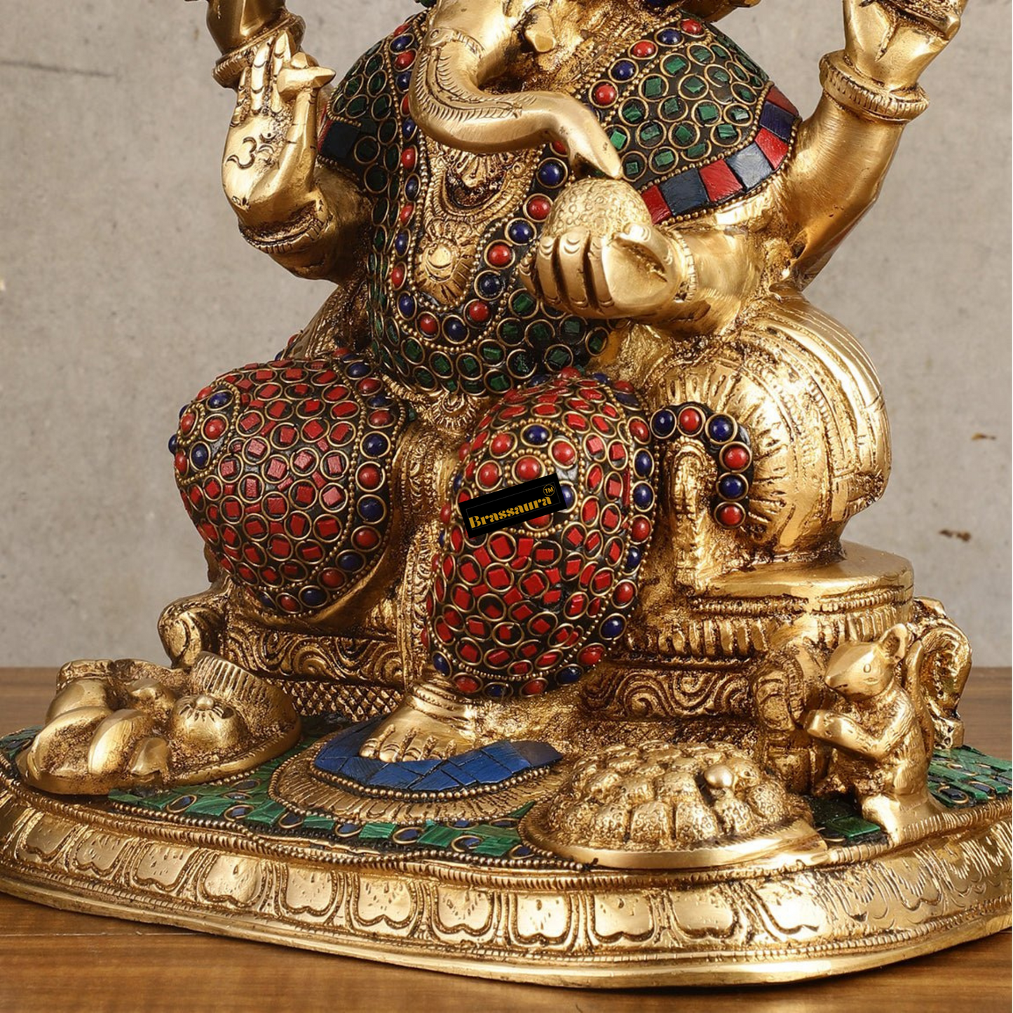 Brassaura™ Superfine Brass Ganesha Idol with Fruit Bowl & Modak Thali | 13" Height | 12 Kg | Intricate Stonework