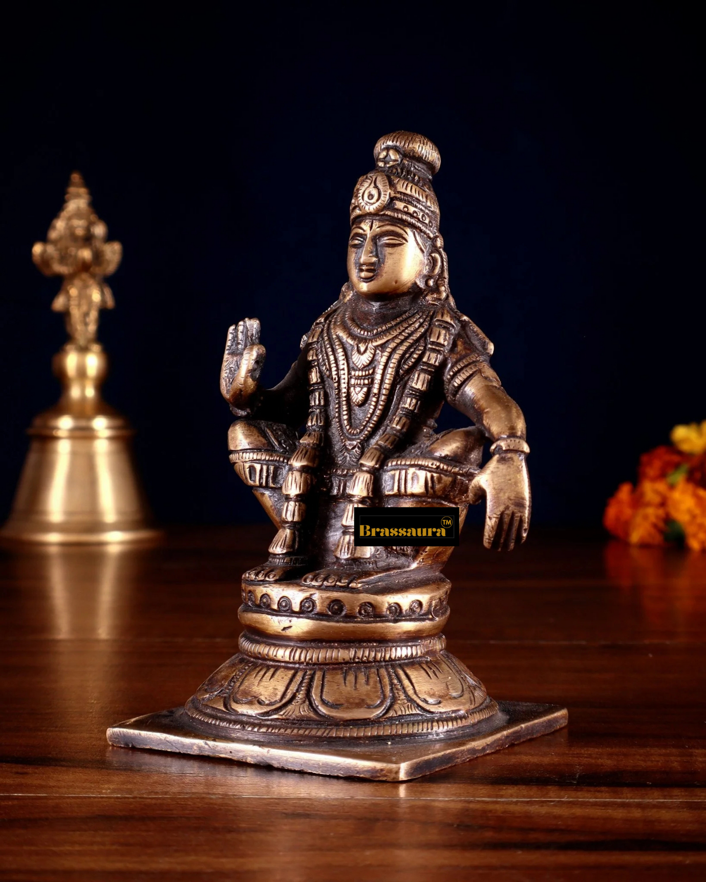 Brassaura™ Brass Lord Ayyappan Idol – 5 inch | 0.83 kg | Burnt Brass Finish for Home Temple & Spiritual Decor