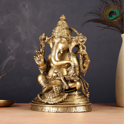 Brassaura™ Pure Brass Ganesha Statue – Height 10 Inches, Weight 4.8 Kgs | Wisdom & Prosperity Idol