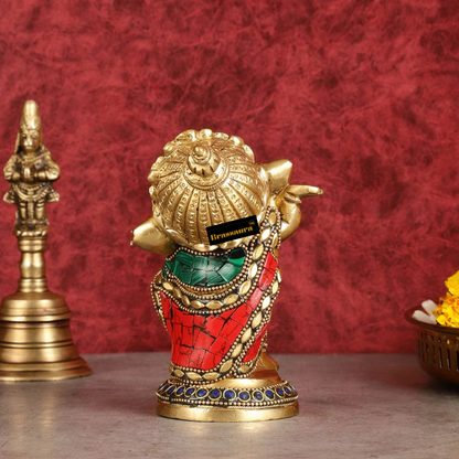 Brassaura™ Handcrafted Brass Ganesha Idol – Meenakari Stonework | Height 5 Inches, Weight 1 Kg