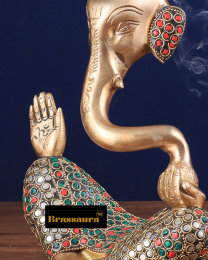 Brassaura™ Brass Ganesha Idol with Meenakari Stonework – Height 8.5 Inches, Weight 2.6 Kg – Multi-Coloured Home & Decor Statue