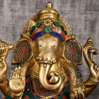 Brassaura™ Nagar Ganapati Brass Statue with Meenakari – 13.2" Height, 10.5 kg – Cobra Naaga Adorned Divine Idol
