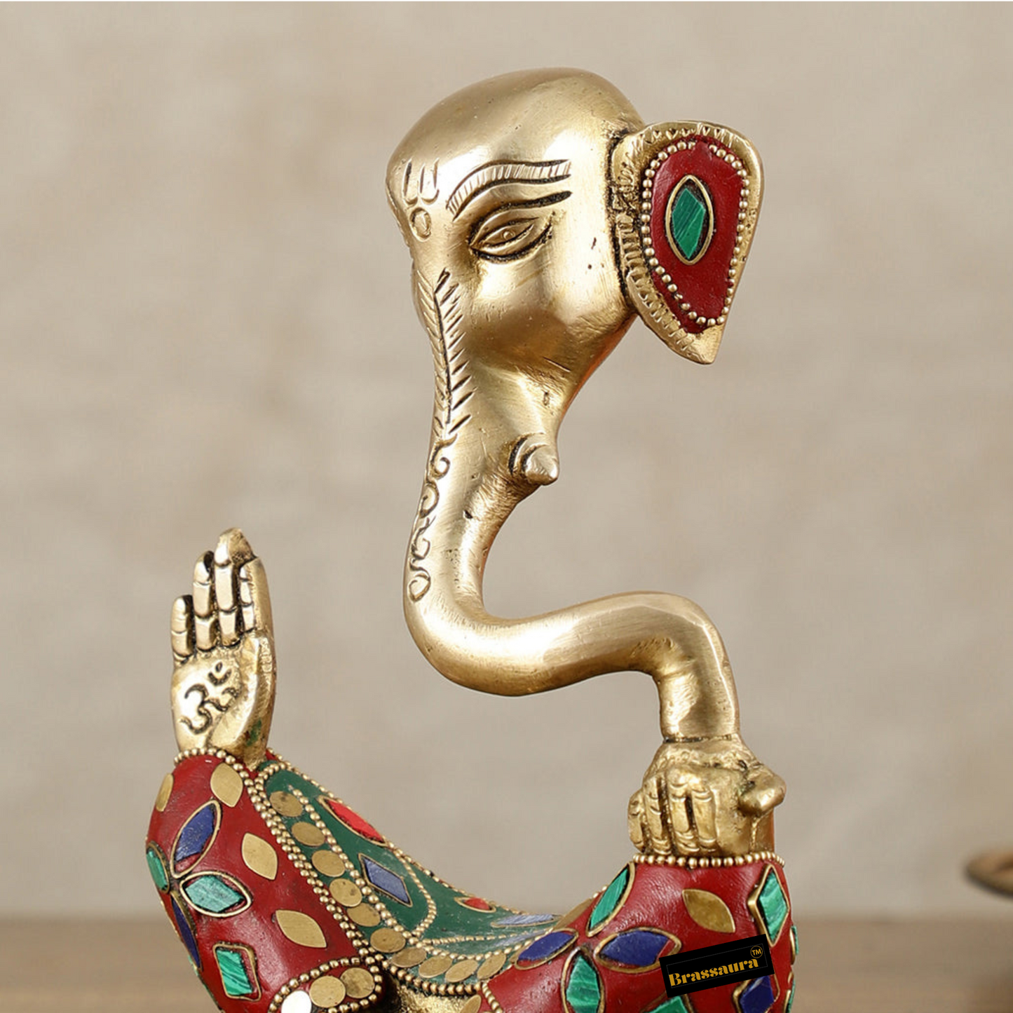 Brassaura™ Contemporary Brass Modern Ganesha Idol – 6 Inch Height | 1 kg | Meenakari Stonework | Unique Modern Décor