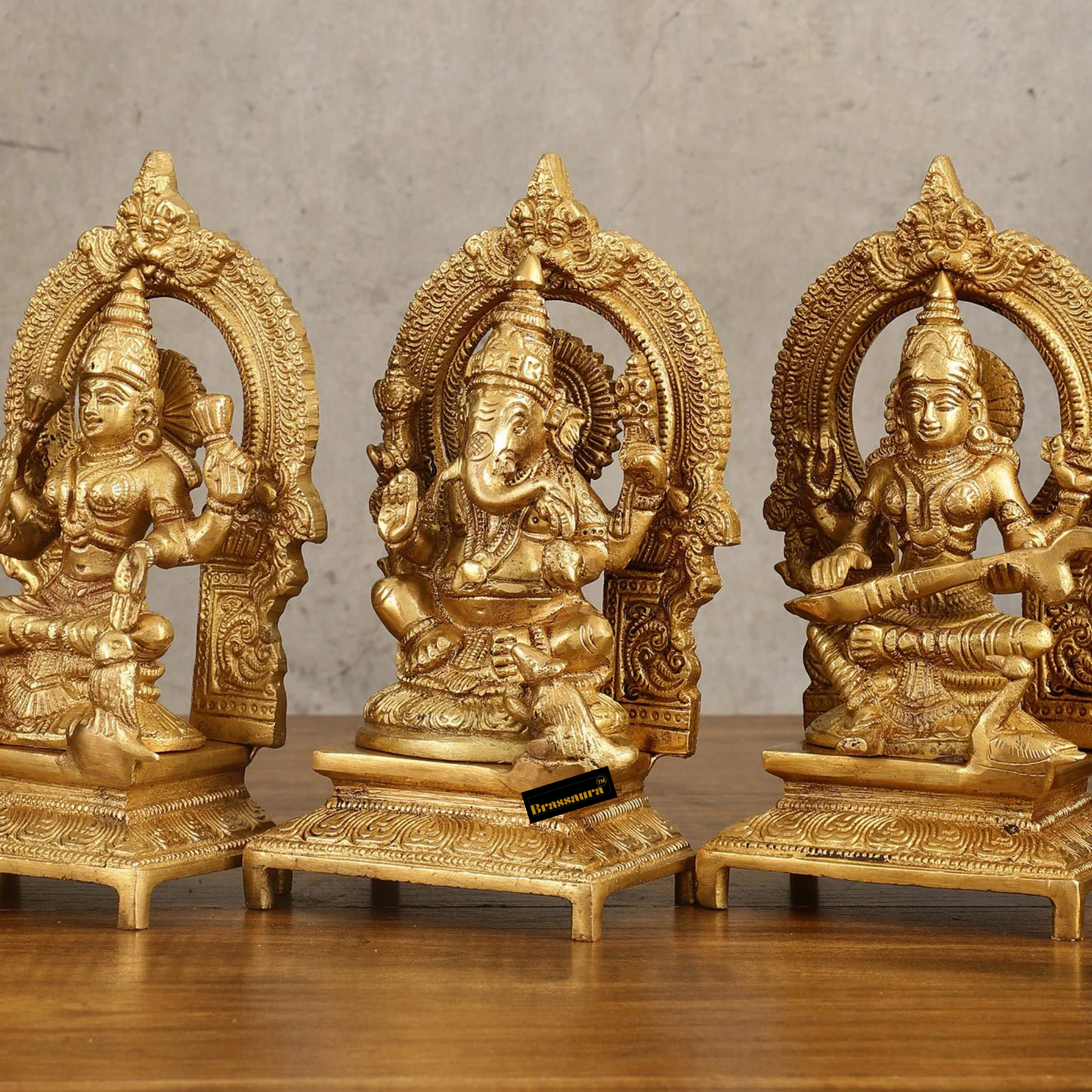 Brassaura™ Pure Brass Ganesha, Lakshmi & Saraswati Idol Set | Lord Ganesha 7 inches Height | Goddess Lakshmi & Saraswati 7.5 inches Height | Total Weight 5 Kg | Spiritual Decor