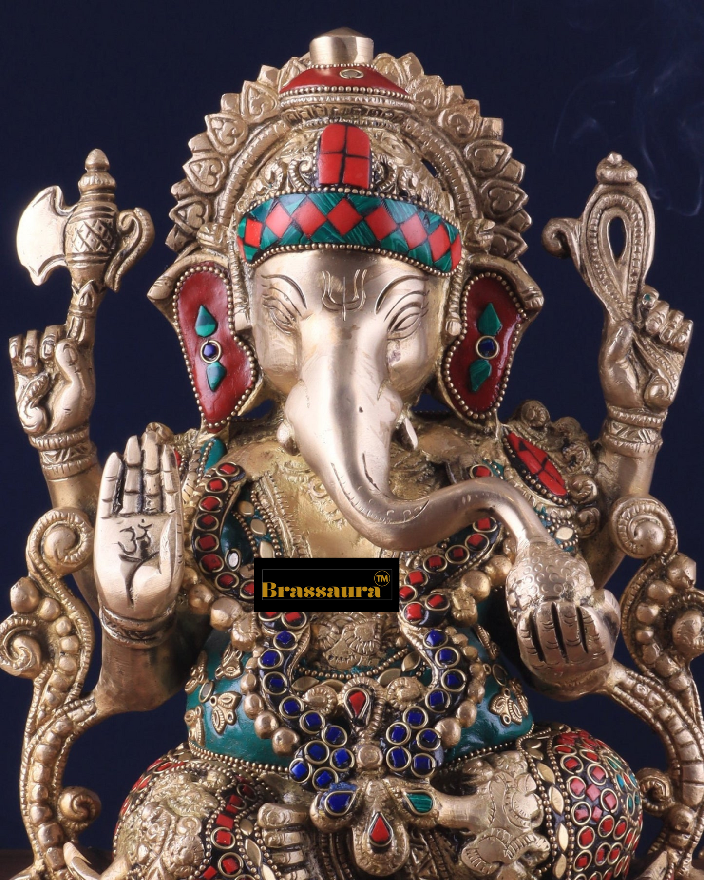 Brassaura™ Handcrafted Pure Brass Ganesha Idol with Meenakari Stonework – 12.25" Height, 8 kg – Lotus Base Masterpiece