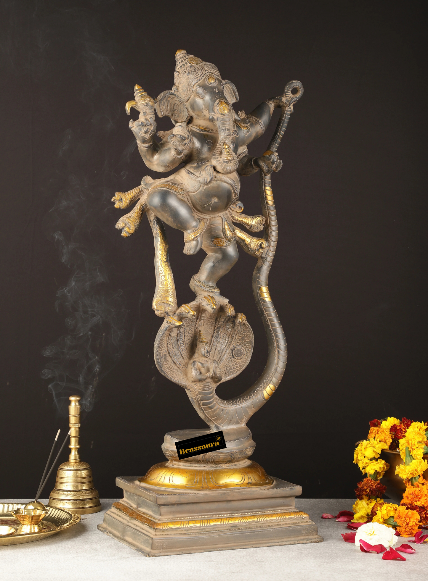 Brassaura™ Brass Dancing Ganapathi on Vasuki Naga – Antique Sandstone Finish | Height 26.5 Inches, Weight 18 Kgs