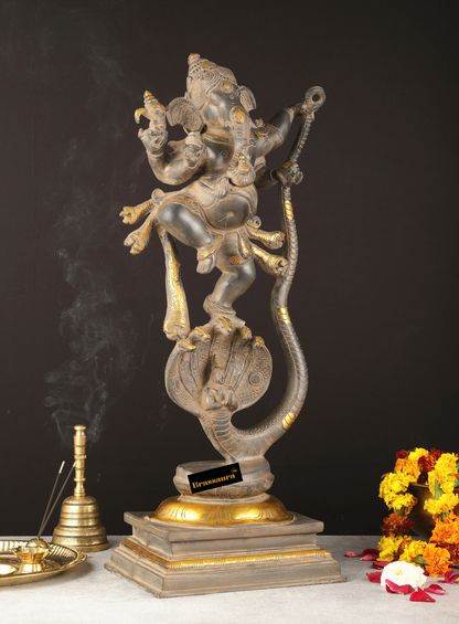 Brassaura™ Brass Dancing Ganapathi on Vasuki Naga – Antique Sandstone Finish | Height 26.5 Inches, Weight 18 Kgs