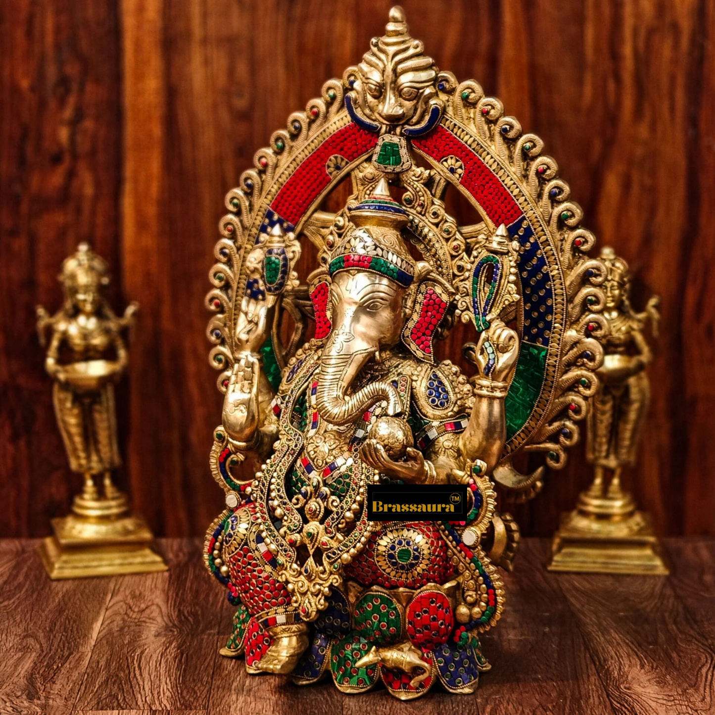 Brassaura™ Brass Ganesha Statue with Lotus Throne & Prabhavali – 26 Inch Height | 35 kg | Modak & Mooshak Detailing