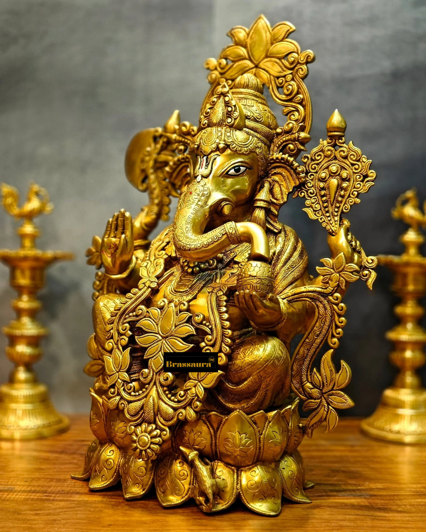 Brassaura™ Superfine Brass Lord Ganesha with Lotus – Height 23.5 Inches, Weight 32 Kgs | Majestic Temple Idol