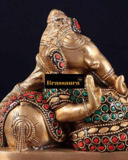 Brassaura™ Handcrafted Brass Ganapathi on Peacock Throne – 7.5" Height, 4.5 kg – Adorned with Multicolored Stones