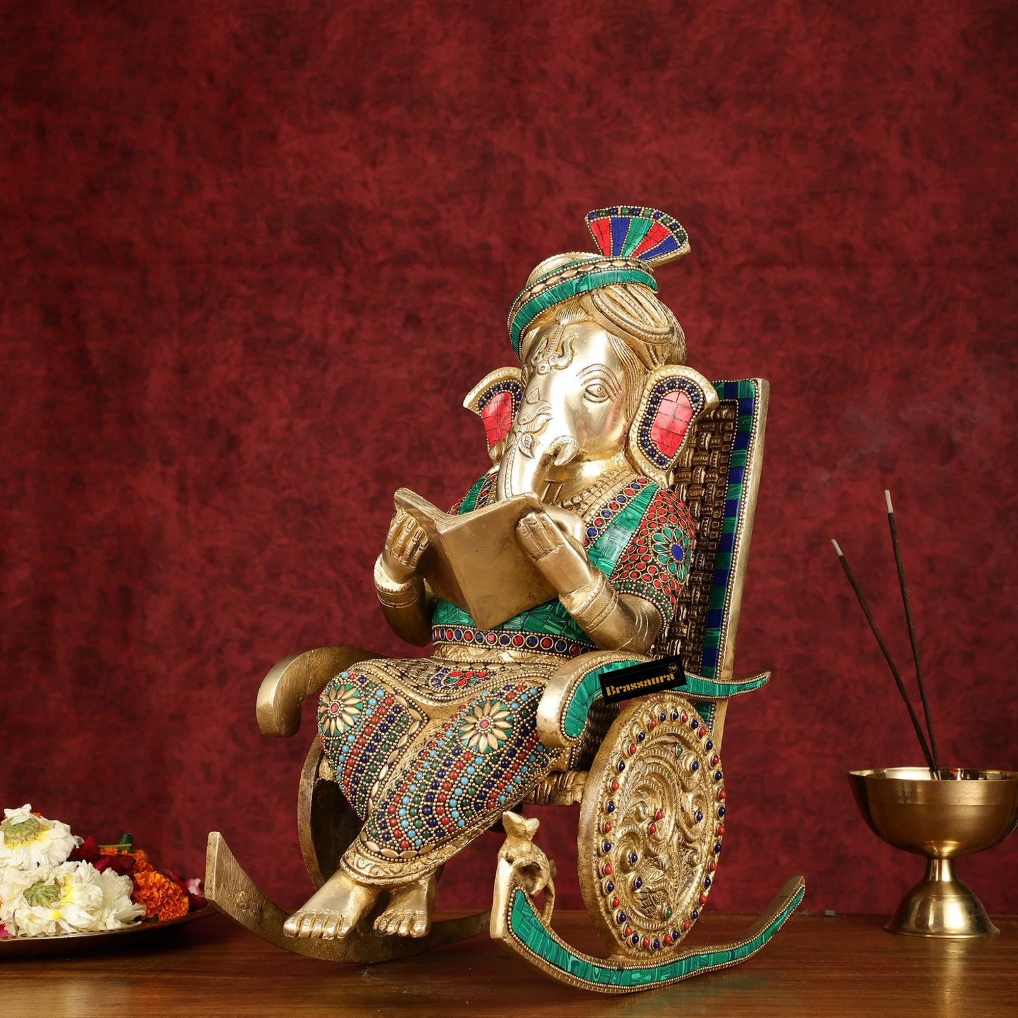 Brassaura™ Brass Reading Ganesha on Rocking Chair – Height 17 Inches, Weight 15 Kgs | Intricate Stonework
