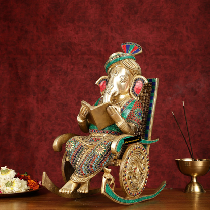 Brassaura™ Brass Reading Ganesha on Rocking Chair – Height 17 Inches, Weight 15 Kgs | Intricate Stonework