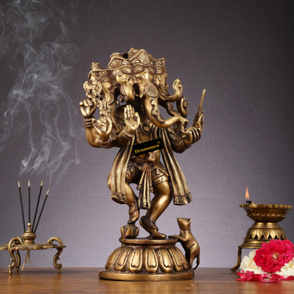 Brassaura™ Brass Panchmukhi Dancing Ganesha Statue – Antique Finish | Height 15 Inches, Weight 8 Kgs