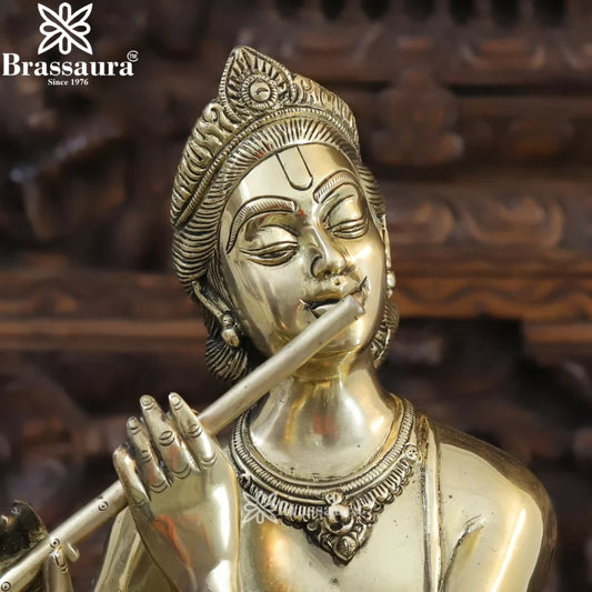 Brassaura® Lord Krishna Playing Flute with Peacock Idol | Pure Superfine Brass Handcrafted Antique Gold Finish Murti | Premium Krishna Statue for Home Temple, Living Room & Spiritual Décor | Height 29.5 Inches | Weight 14.56 Kgs