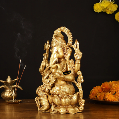 Brassaura™ Handcrafted Pure Brass Ganesha Idol on Lotus – 12.25 Inch Height | 8 kg | Golden Finish | Elegant Décor for Home, Office & Temple