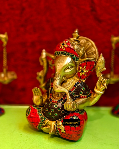 Brassaura™ Brass Taj Ganesha Idol with Stonework – Height 8 Inches, Weight 3 Kgs