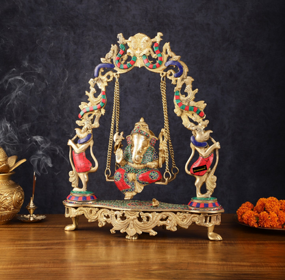 Brassaura™ Magnificent Brass Lord Ganesha Swing – 18" Height, 7.5 kg – Adorned with Multicolor Stonework