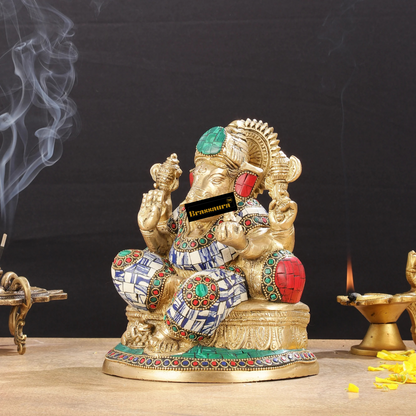 Brassaura™ Pure Brass Lord Ganesha Statue – Mosaic Work | Height 8 Inches, Weight 3.5 Kgs