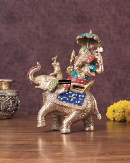 Brassaura™ Handcrafted Brass Ganesha on Ambari – 9.5" Height, 3 kg – Meenakari Stonework Idol