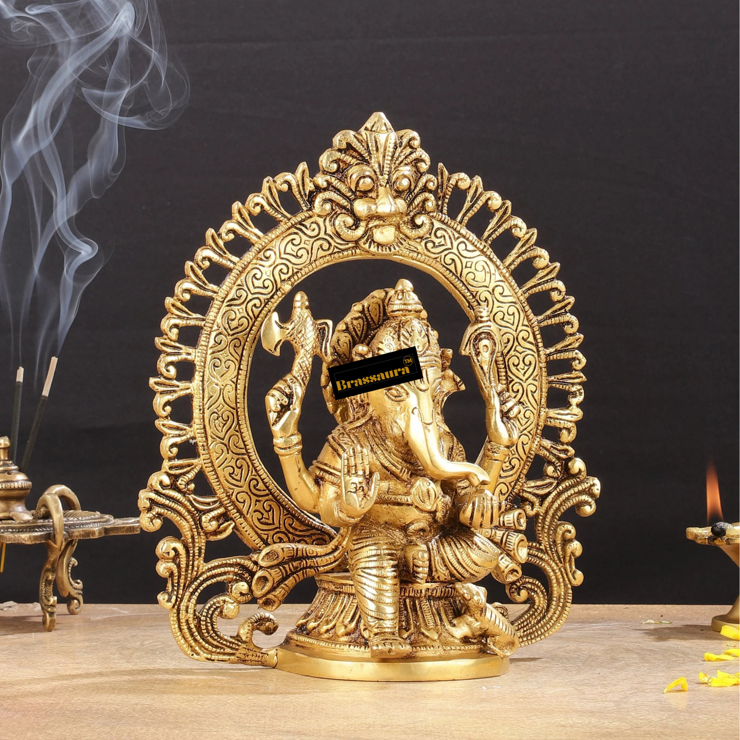 Brassaura™ Brass Lord Ganesha Idol with Arch Prabhavali – Height 9 Inches, Weight 2.6 Kgs