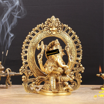 Brassaura™ Brass Lord Ganesha Idol with Arch Prabhavali – Height 9 Inches, Weight 2.6 Kgs
