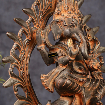Brassaura™ Pure Brass Tibetan Ganapati on Mouse – Antique Patina Finish | Height 12 Inches, Weight 4.8 Kgs